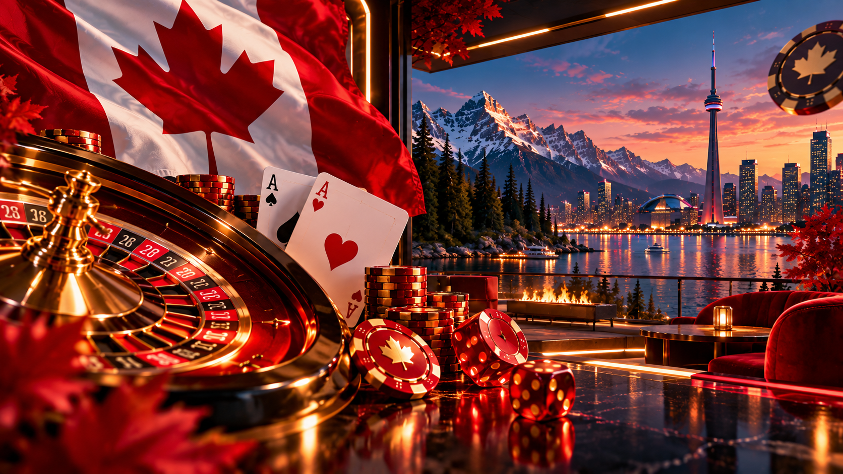 Casino roulette, playing cards and Canadian skyline at sunset